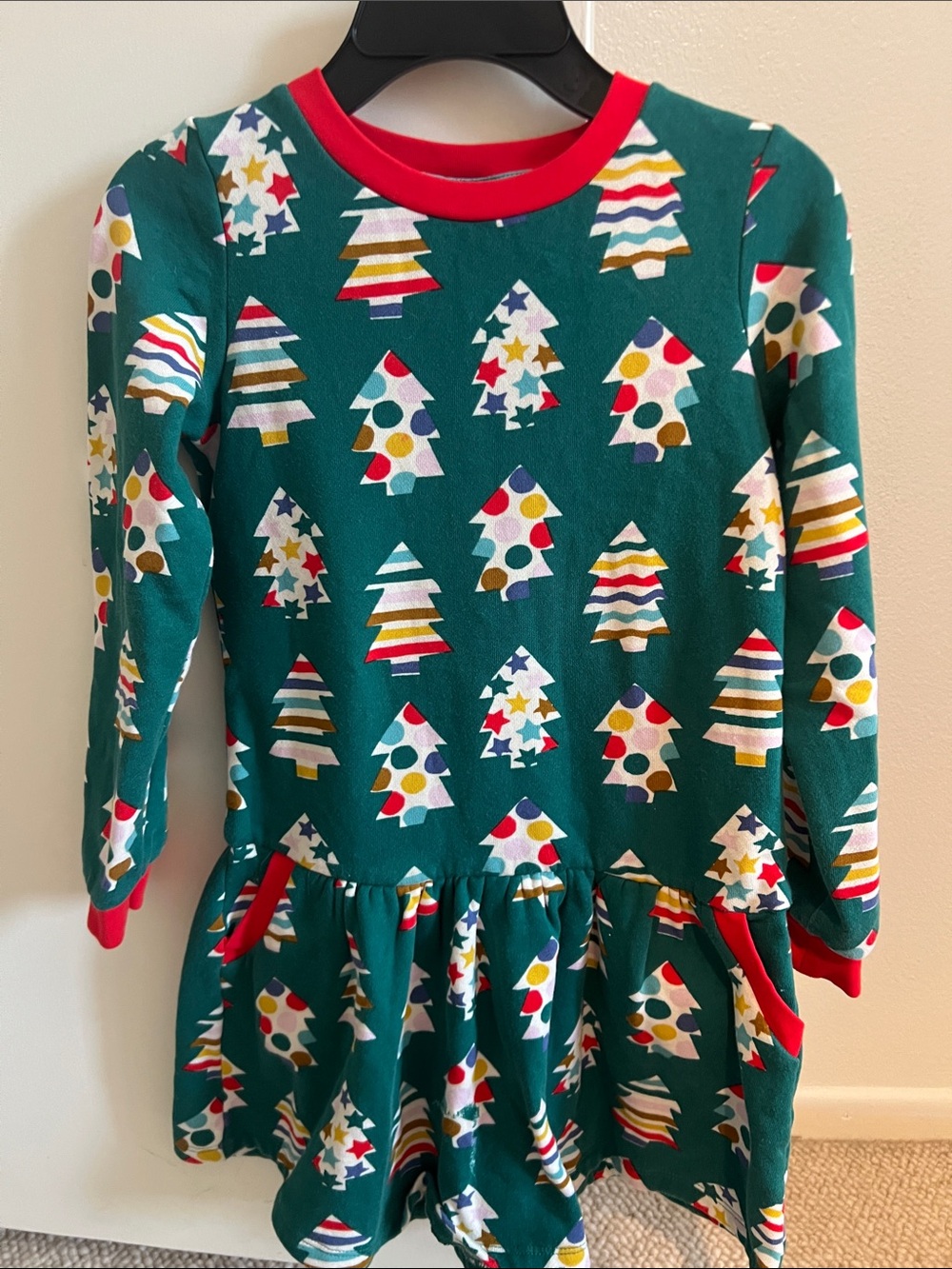 Mini Boden Teal Green Holiday Tree Print Dress with Red Trim
